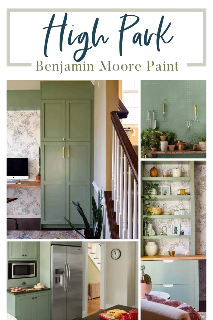 Collage photo of a paint ideas with text overlays saying "High Park Benjamin Moore Paint".