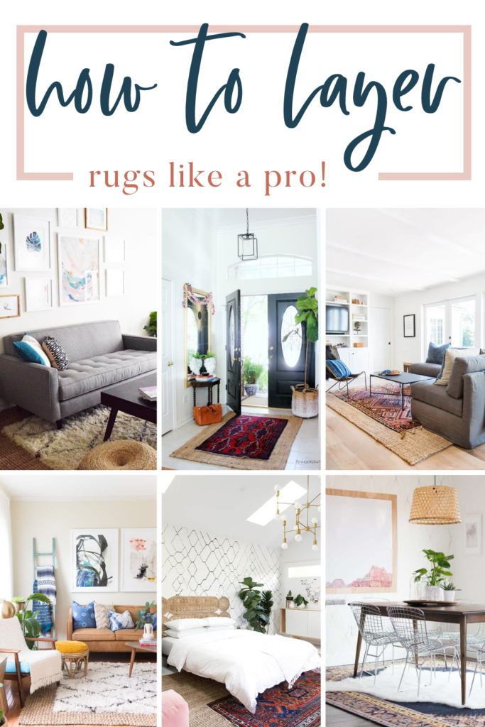 A collage photo to arrange a rug. With text overlays saying "how to layer rugs like a pro".