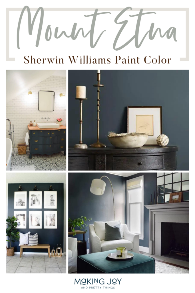 A collage photo of a paint ideas with text overlays saying "Mount Etna Sherwin Williams Paint Color".