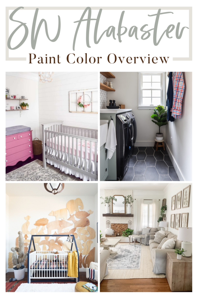 Collage photo of paint ideas with text overlays saying "Sherwin Williams Alabaster Paint Color Overview".