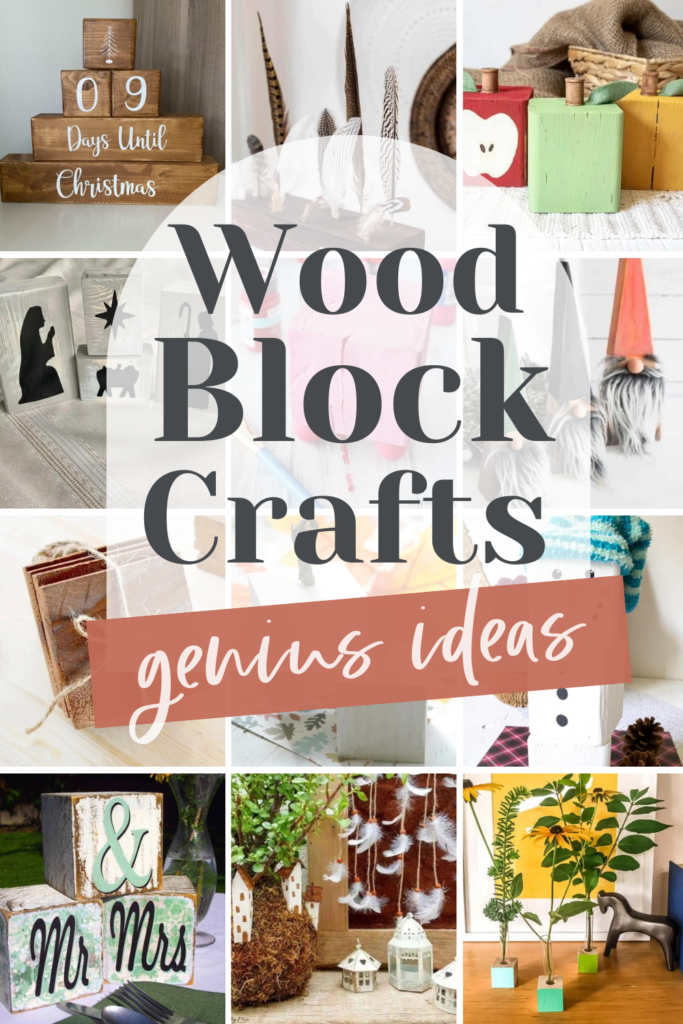 Collage photo of a wood crafts with text overlays saying "wood block crafts genius ideas".