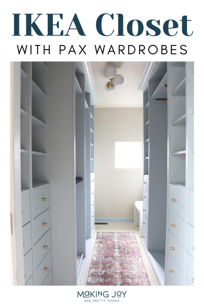 A photo of a closet cabinet. With textoverlays saying "IKEA Closet with Pax Wardrobes".