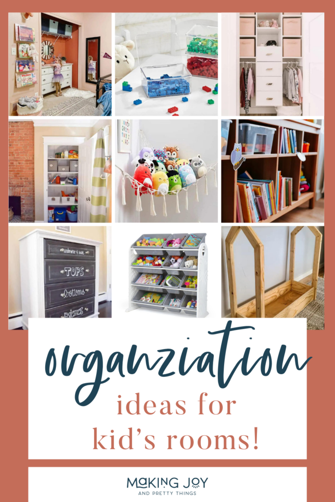 9 collage photo of organizing toys with text overlays saying "organization ideas for kid's rooms!".
