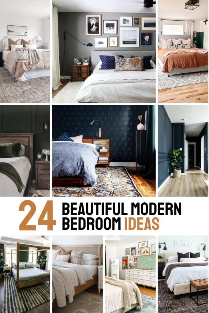 A compilation of 24 stunning modern bedroom ideas, beautifully presented in a photo collage with text overlays saying, "24 Beautiful Moder Bedroom Ideas".