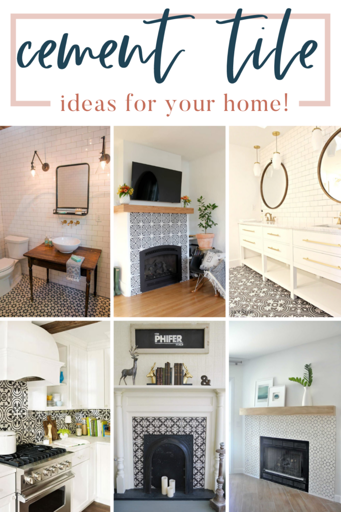 A collage photo showcasing various tile designs for your home, accompanied by text overlays that read: "Cement Tile Ideas for your home".