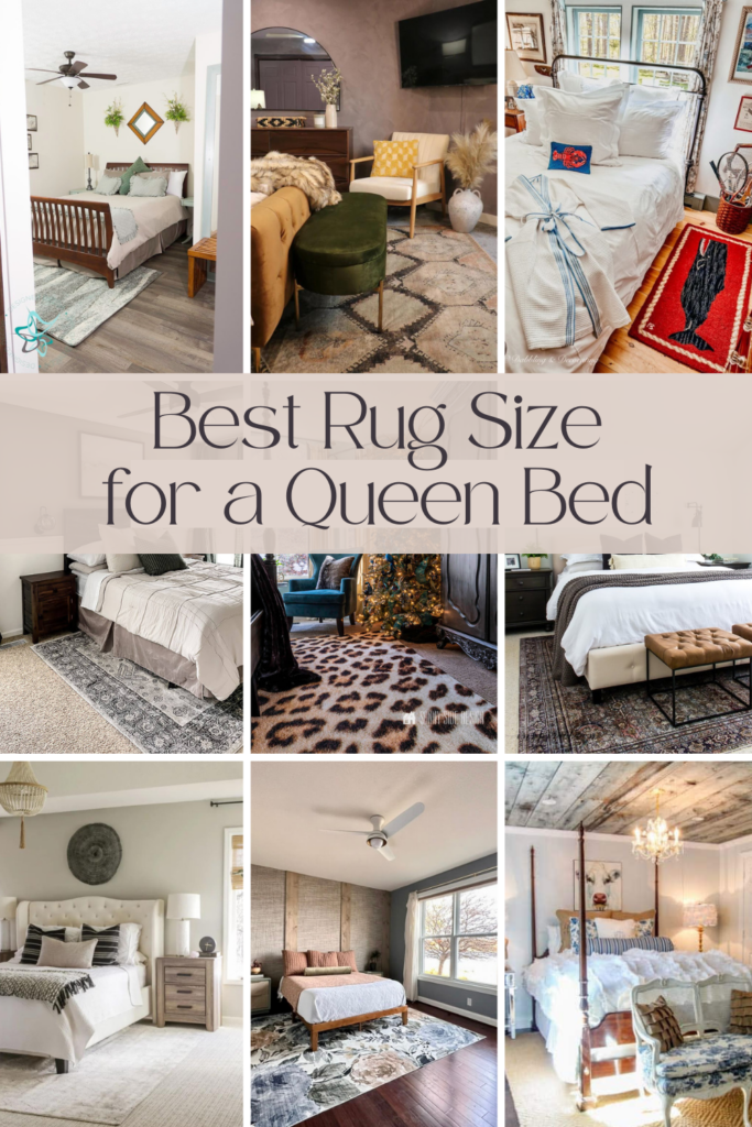 A collage featuring rug size ideas for bedroom decor to inspire.
