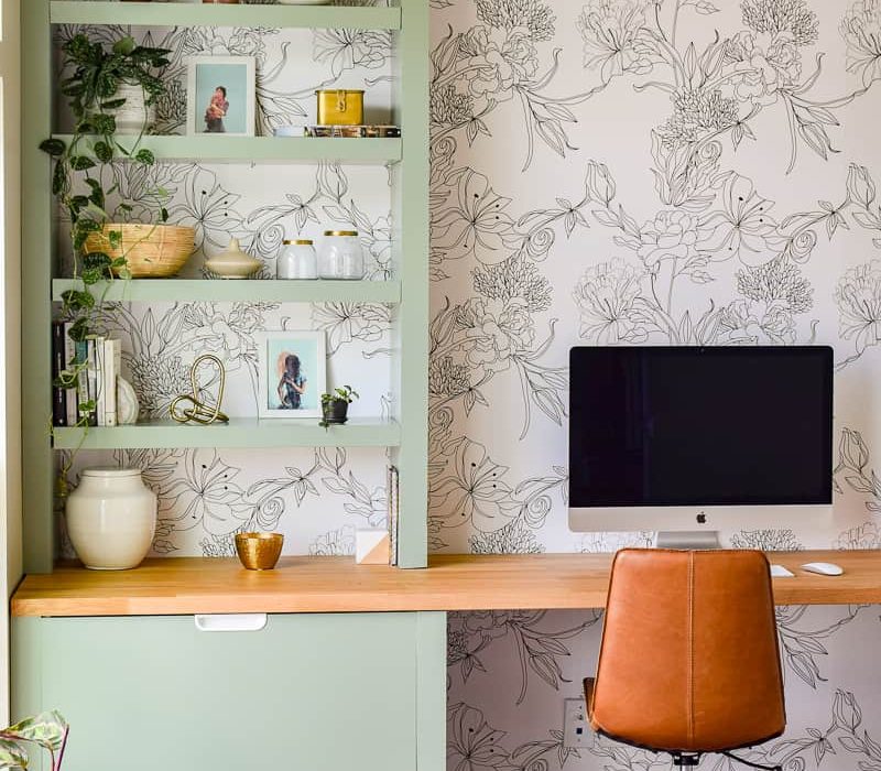modern office reveal-73 Sharing the big reveal of our formal living room turned modern office space. We used various IKEA pieces, including a butcher block countertop, and Home Depot lumber to make a custom built in desk. We made DIY floating shelves, modern floral wallpaper, and tons of plants to decorate. Modern office ideas | office decor | modern wallpaper | peel and stick wallpaper | one room challenge | DIY office | office renovation | office makeover | office ideas | modern office design | modern office home | home office | modern office space | home decor #oneroomchallenge #modernoffice #officereveal #officemakeover #homedecor #diy